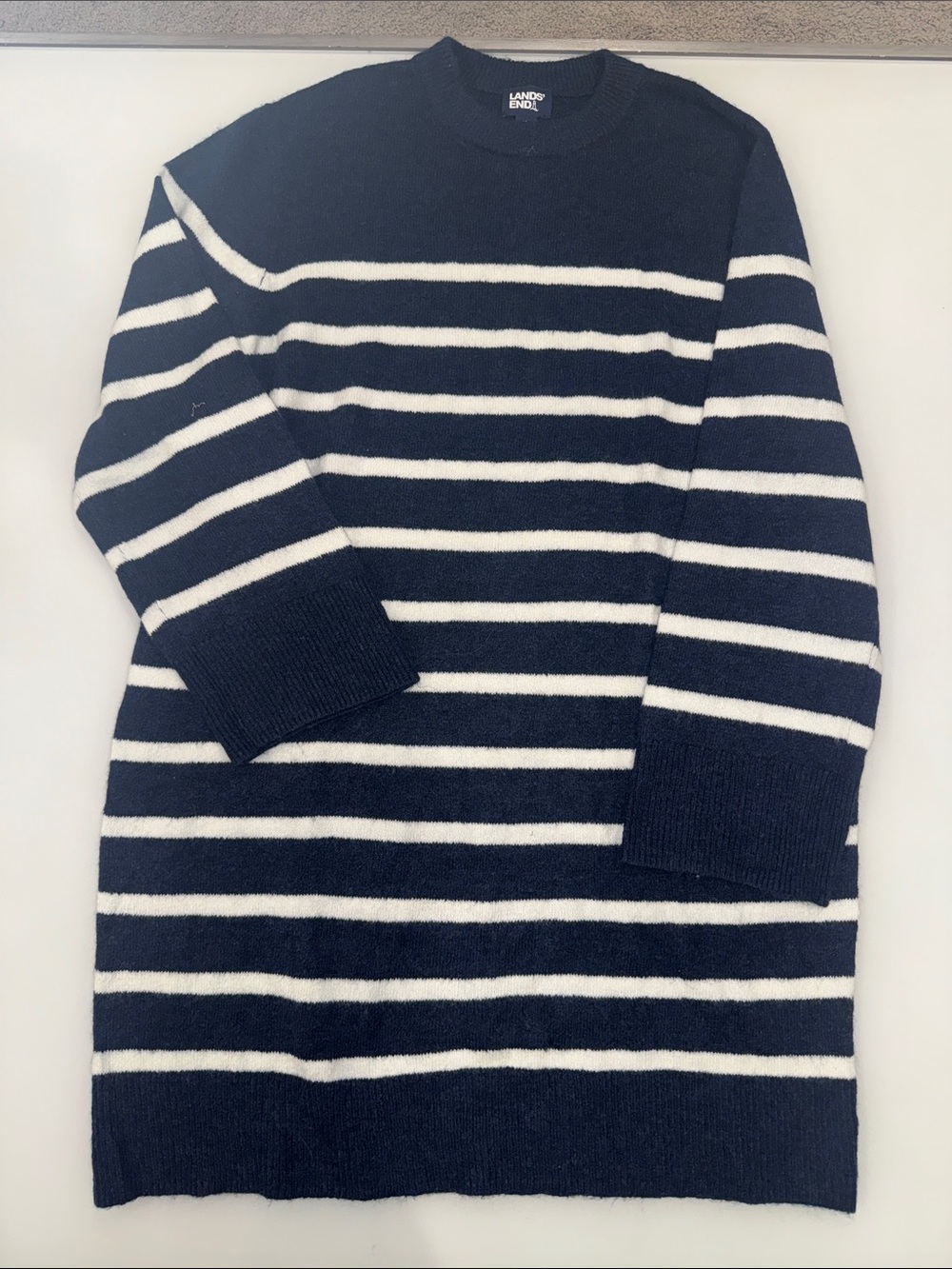 Lands' End Navy and White Striped Crewneck Sweater